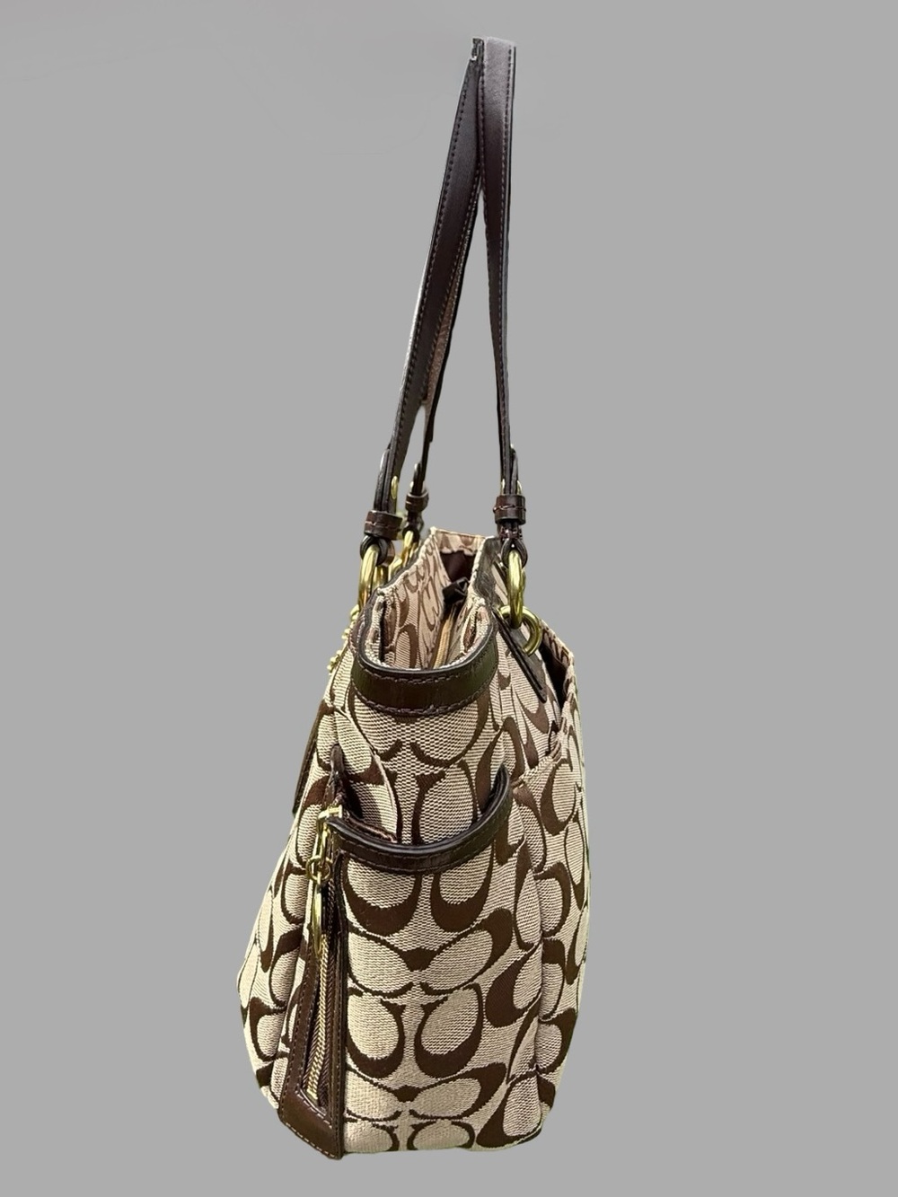 Authentic Vintage Coach Gallery Signature Zip Tote Bag - Khaki/Mahogany #F19249 - Picture 6 of 10